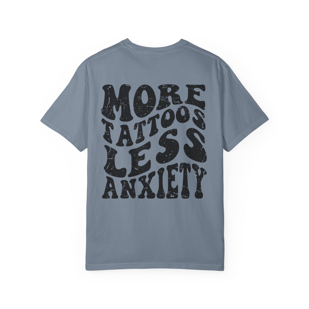 More Tattoos Less Anxiety T-Shirt — Skeleton Hand Heart Pocket Graphic