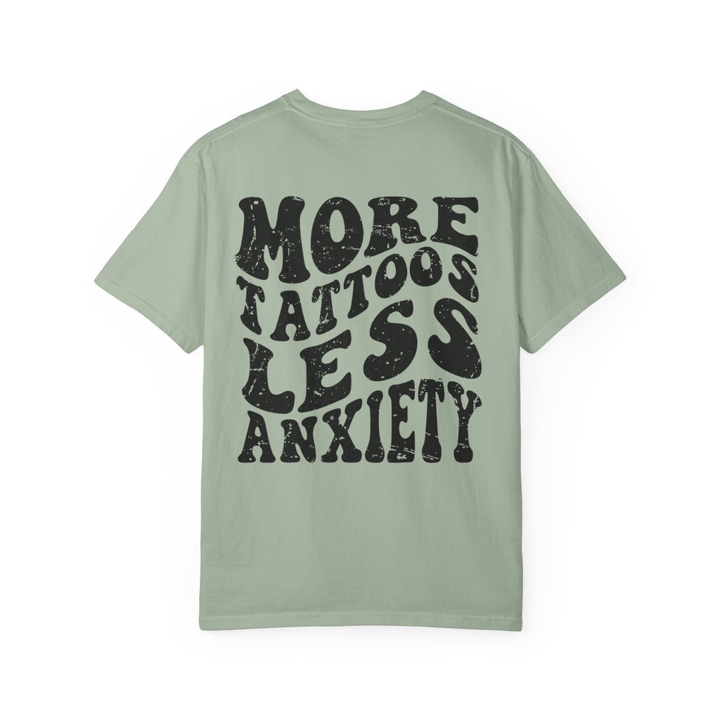 More Tattoos Less Anxiety T-Shirt — Skeleton Hand Heart Pocket Graphic