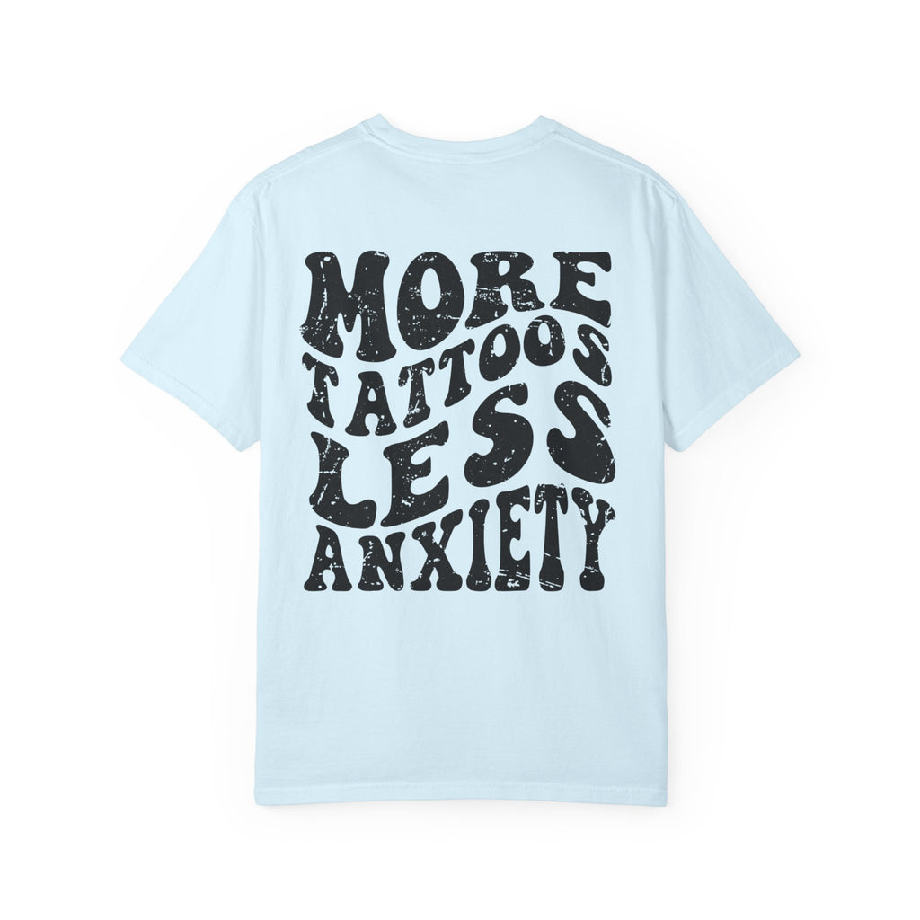 More Tattoos Less Anxiety T-Shirt — Skeleton Hand Heart Pocket Graphic