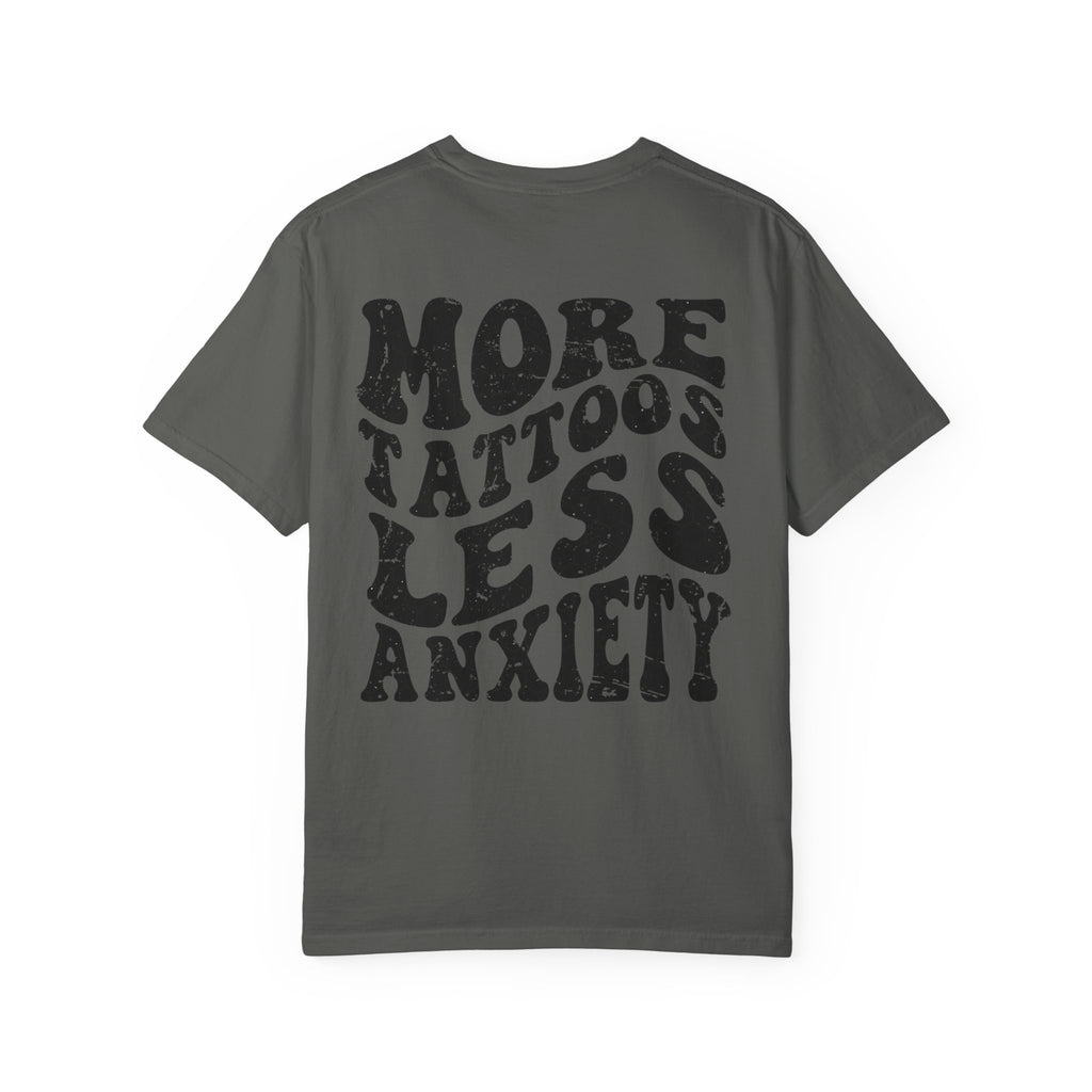 More Tattoos Less Anxiety T-Shirt — Skeleton Hand Heart Pocket Graphic