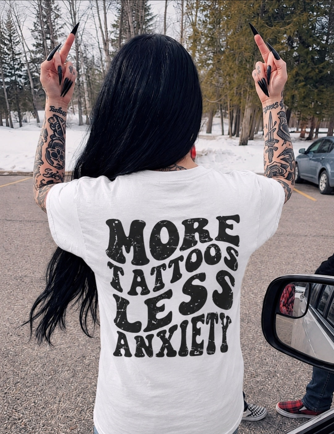 More Tattoos Less Anxiety T-Shirt — Skeleton Hand Heart Pocket Graphic